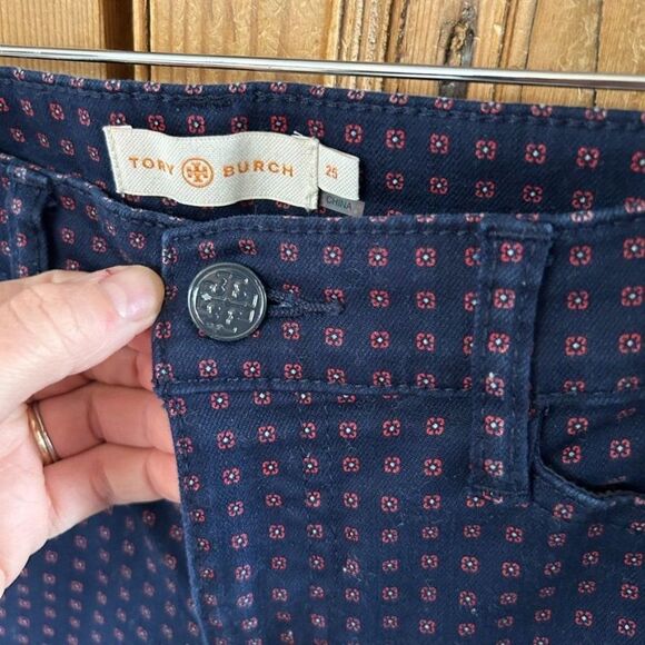 Tory Burch 25 Navy‎ Blue Red Skinny Pants Jeans Printed Dotted - Picture 7 of 14